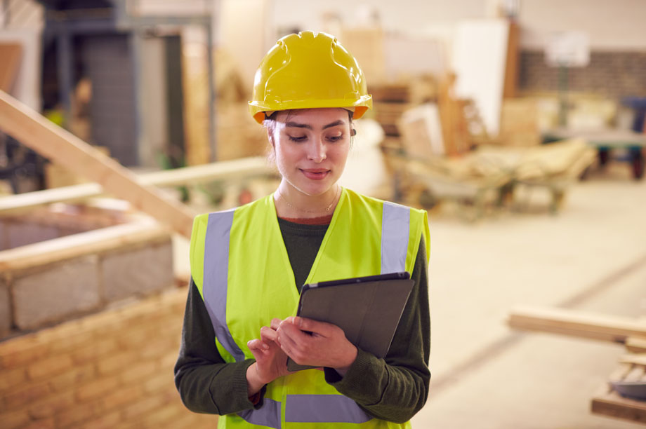 Learner carrying out an inspection in the workplace wearing PPE